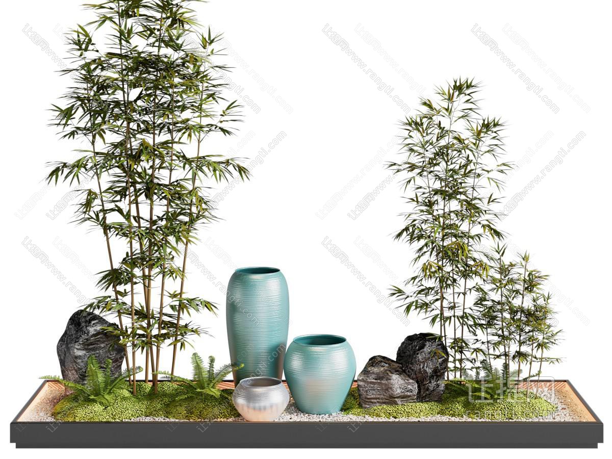 新中式花坛竹子 石头 陶瓷器皿景观园艺小品