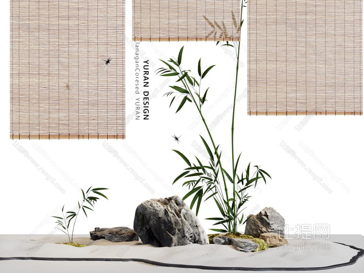 新中式竹帘 竹子 石头景观园艺小品