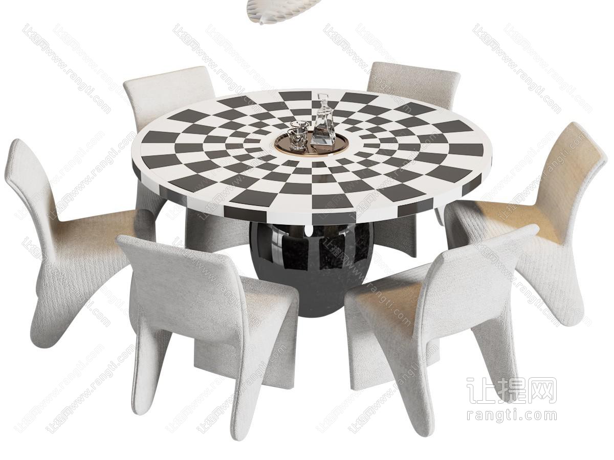 现代圆形棋格图案餐桌椅组合