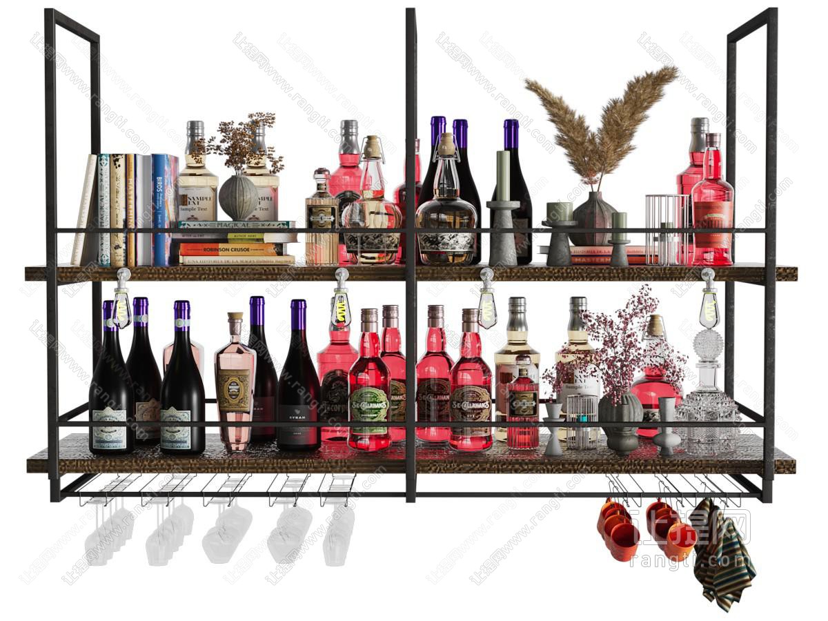 现代黑色金属酒架 酒瓶酒杯 书本