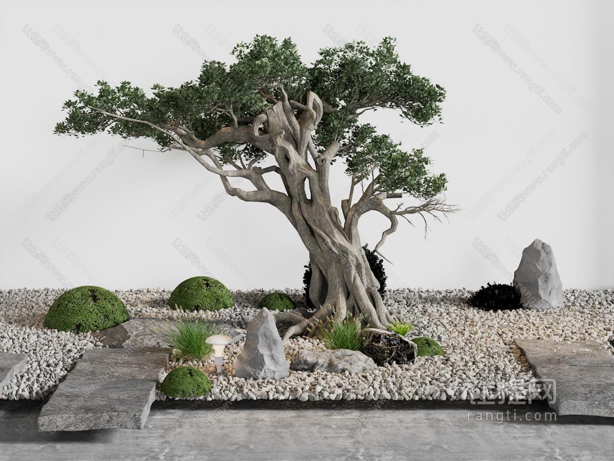 新中式庭院大树 石子景观园艺小品