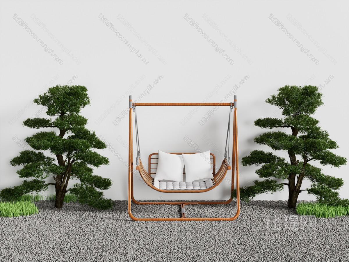 新中式庭院松树 秋千吊椅 景观园艺小品