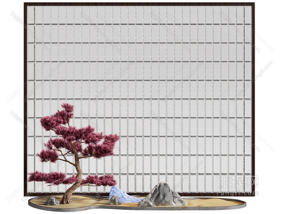 新中式室内玻璃景墙 松树 假山景观园艺小品