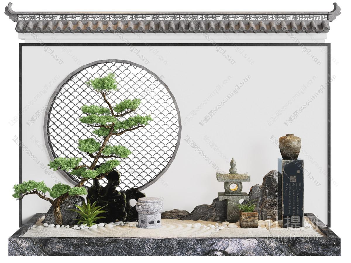 新中式景观墙 松树 假山景观园艺小品