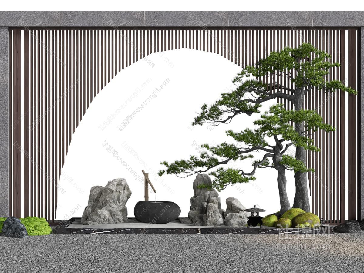 新中式松树 水景 石头景观园艺小品