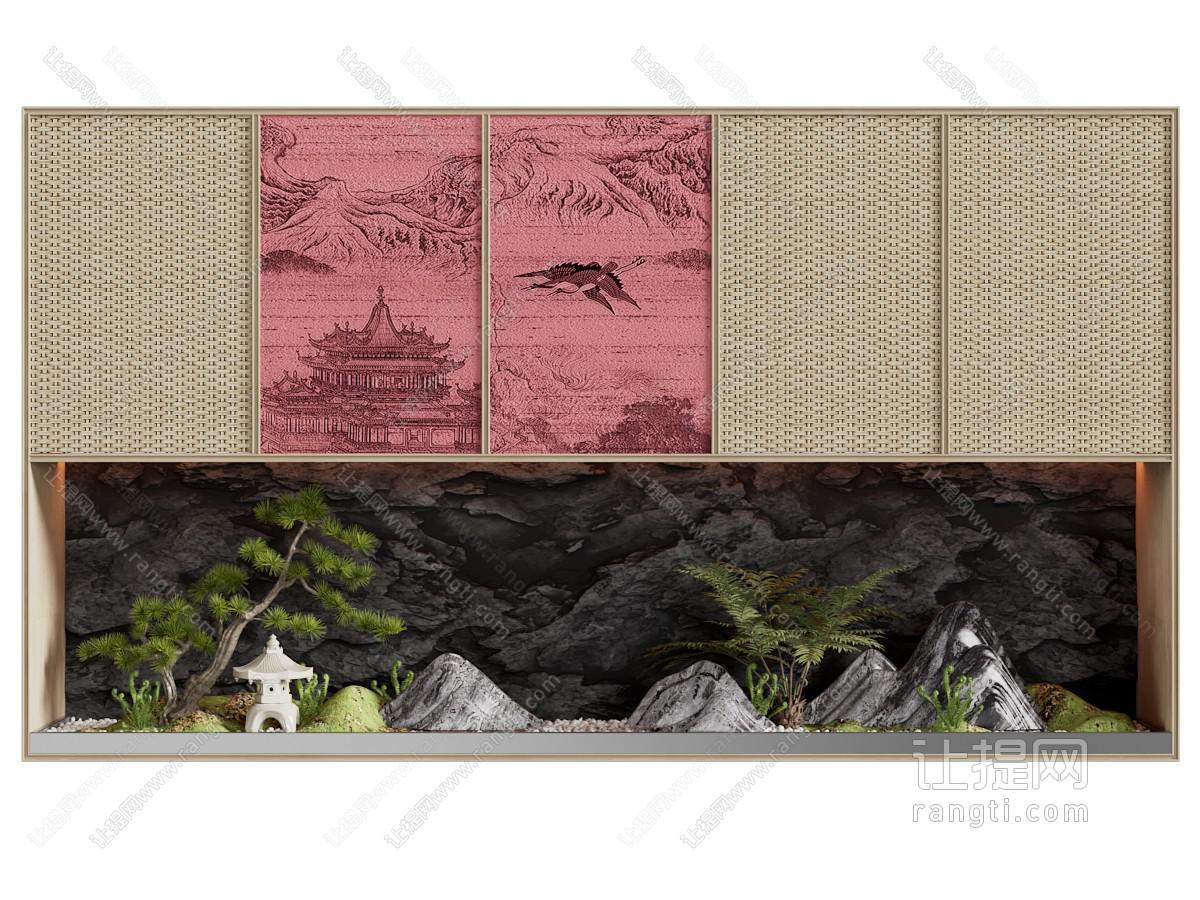 新中式室内松树 石头 景观园艺小品
