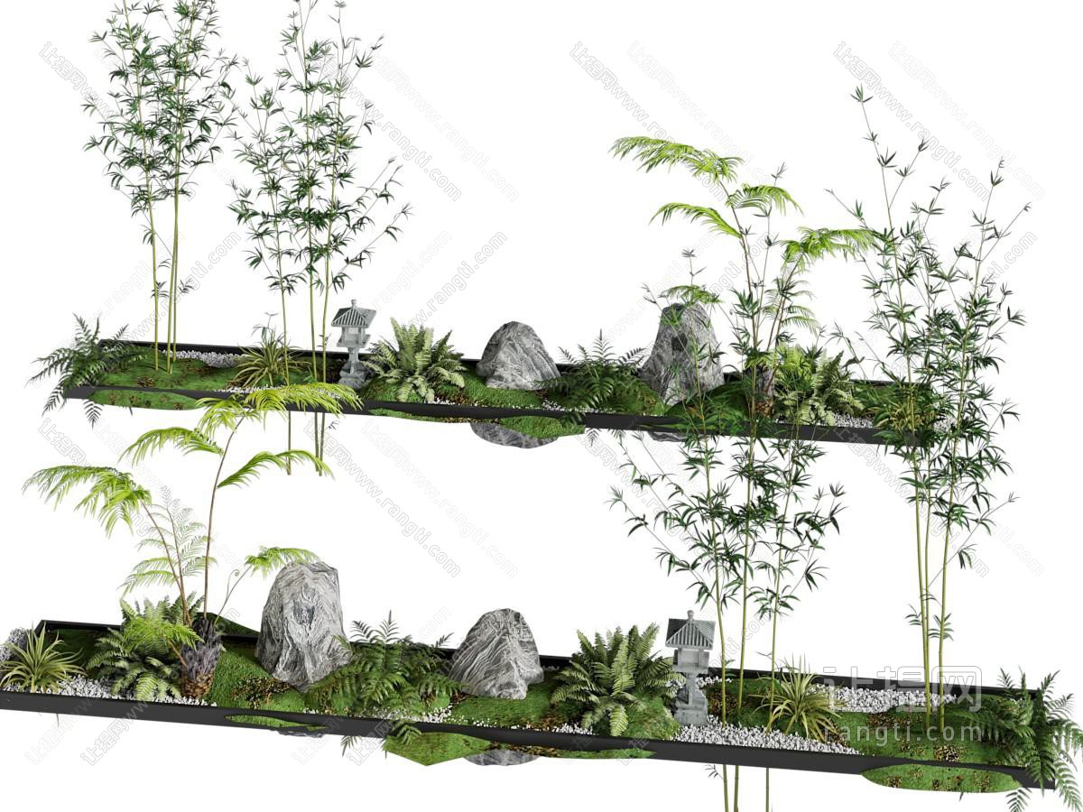 新中式花草 石头 竹子景观园艺小品