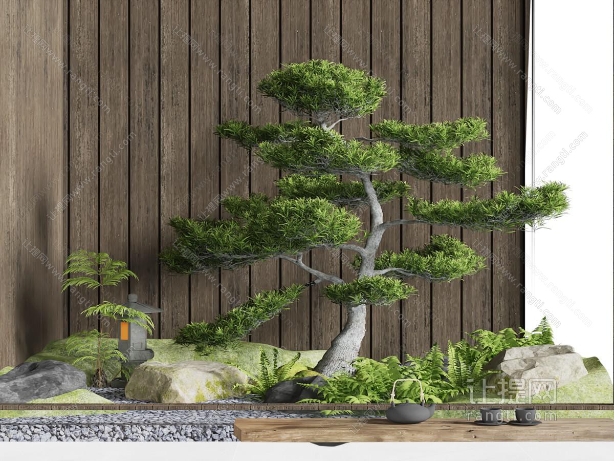 新中式松树 石头 苔藓室内景观园艺小品