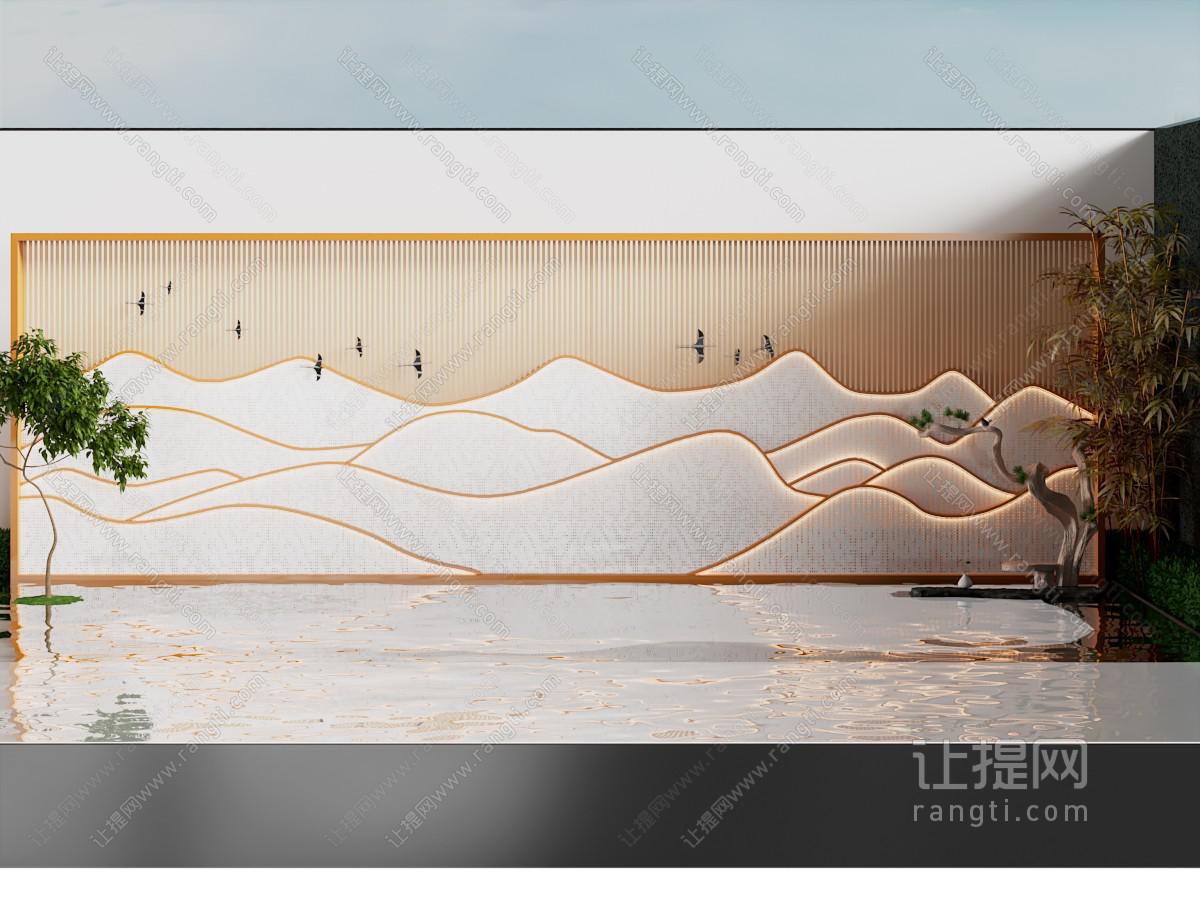 新中式庭院山脉景墙 水池景观园艺小品