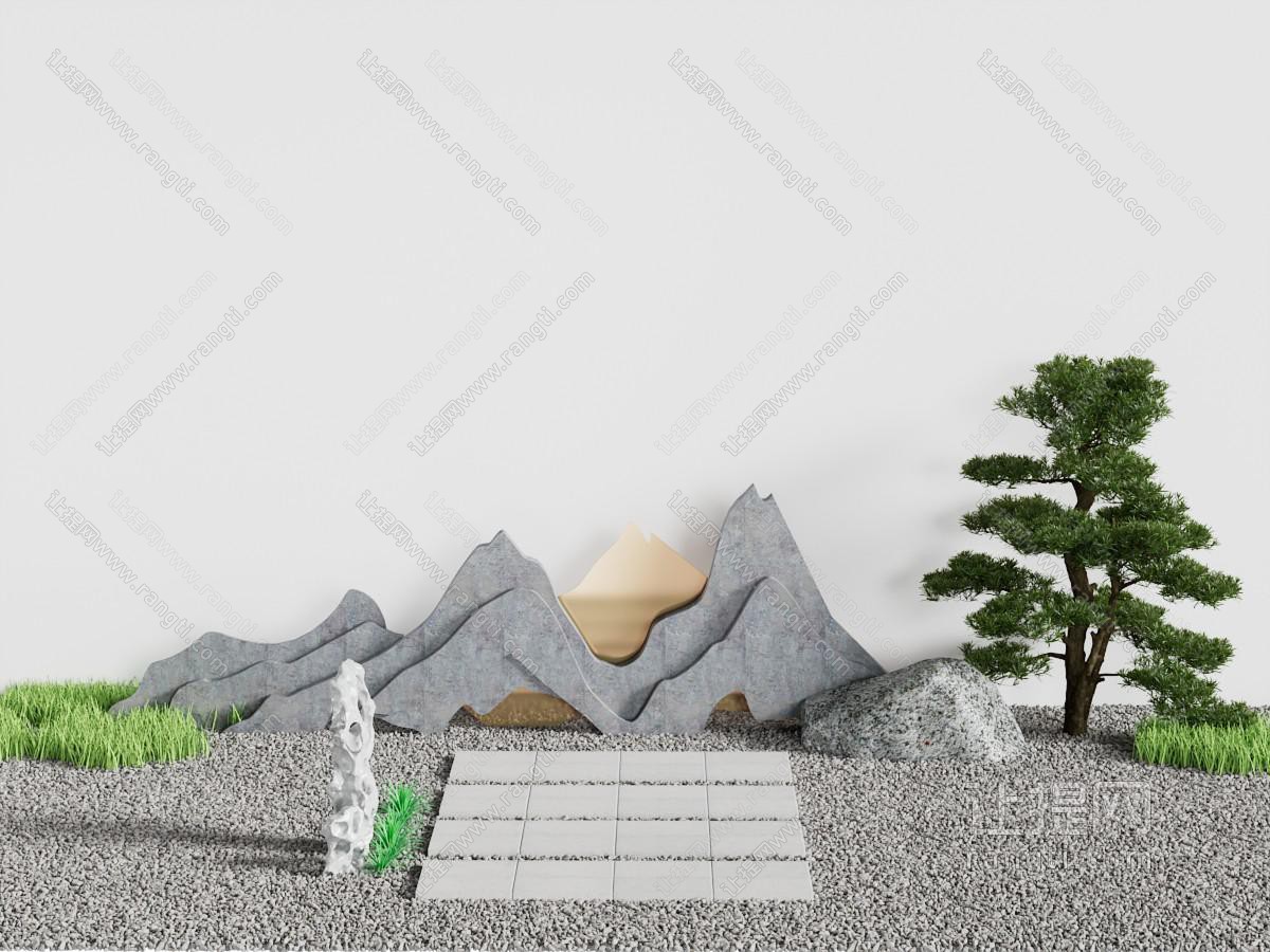 新中式山脉 松树 石子景观园艺小品