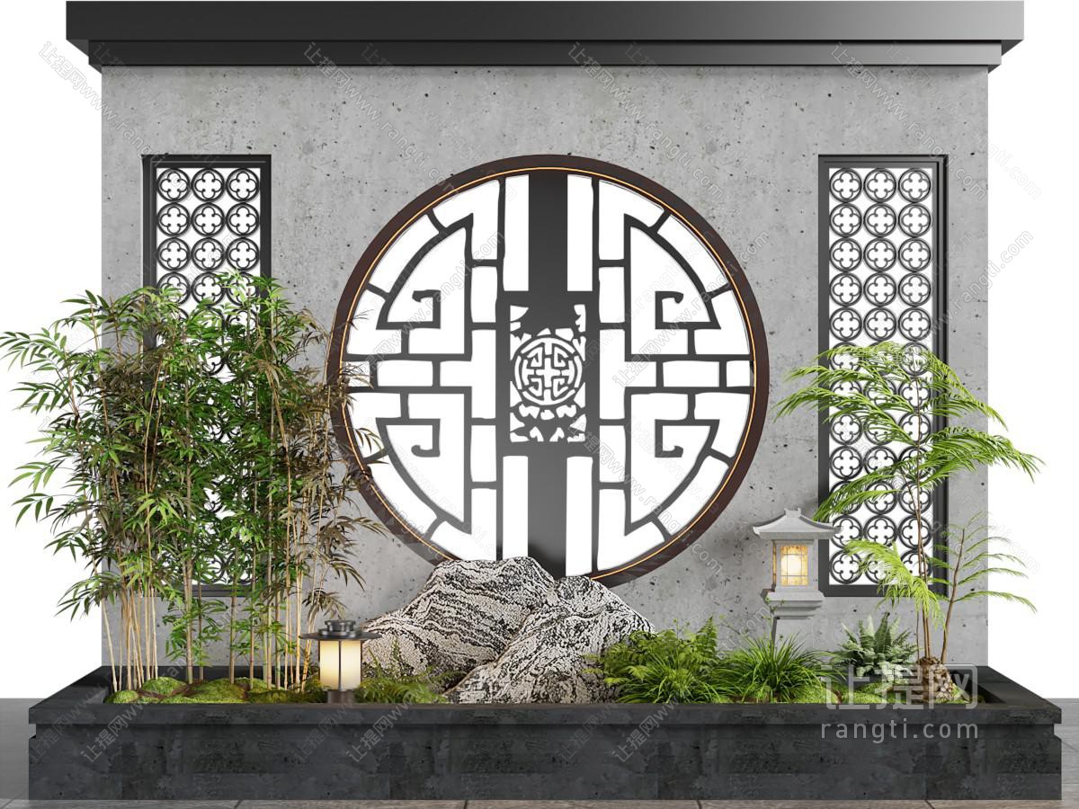 新中式景墙 竹子 石头景观园艺小品