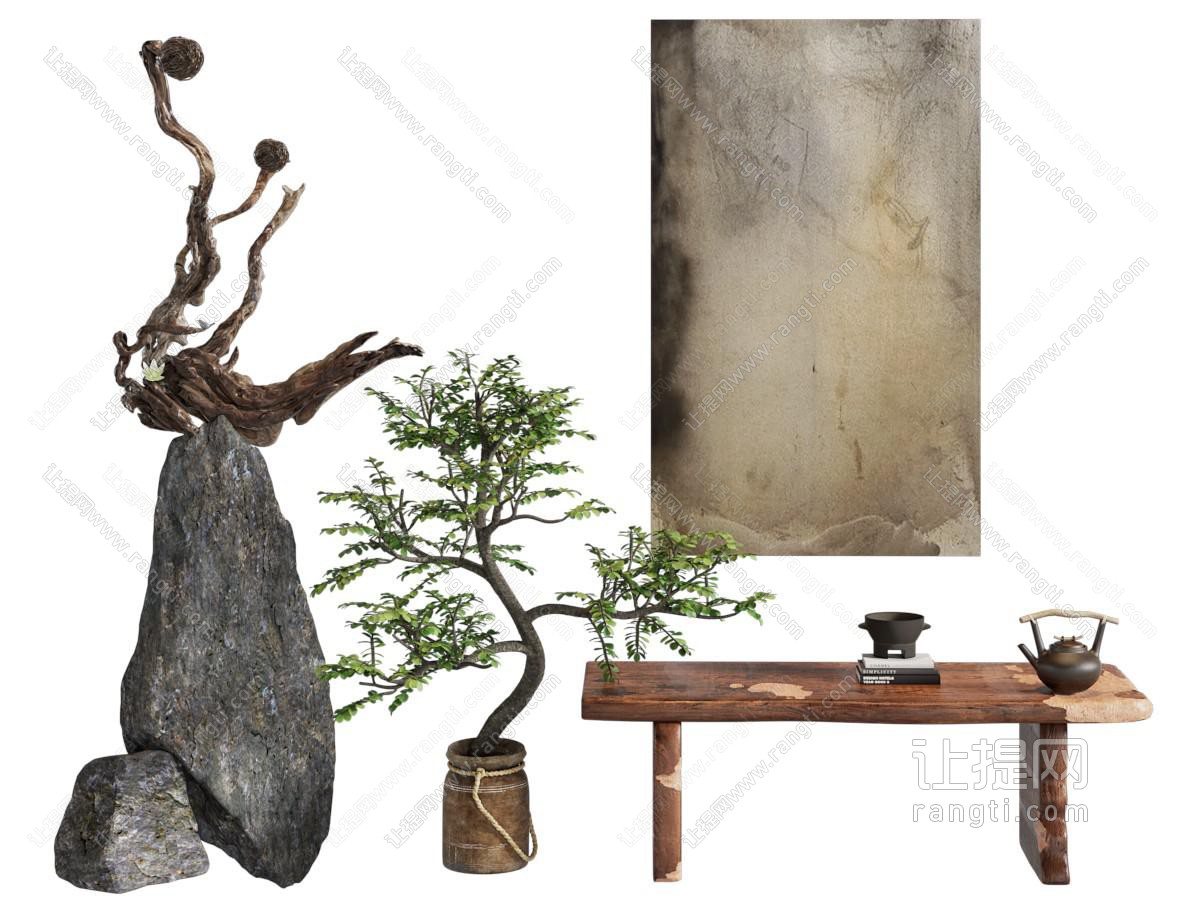 侘寂风装饰挂画 石头盆景景观小品