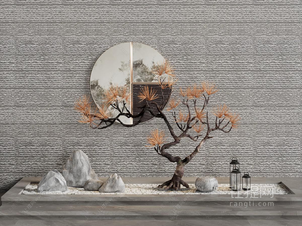 新中式景墙 假山 松树景观园艺小品