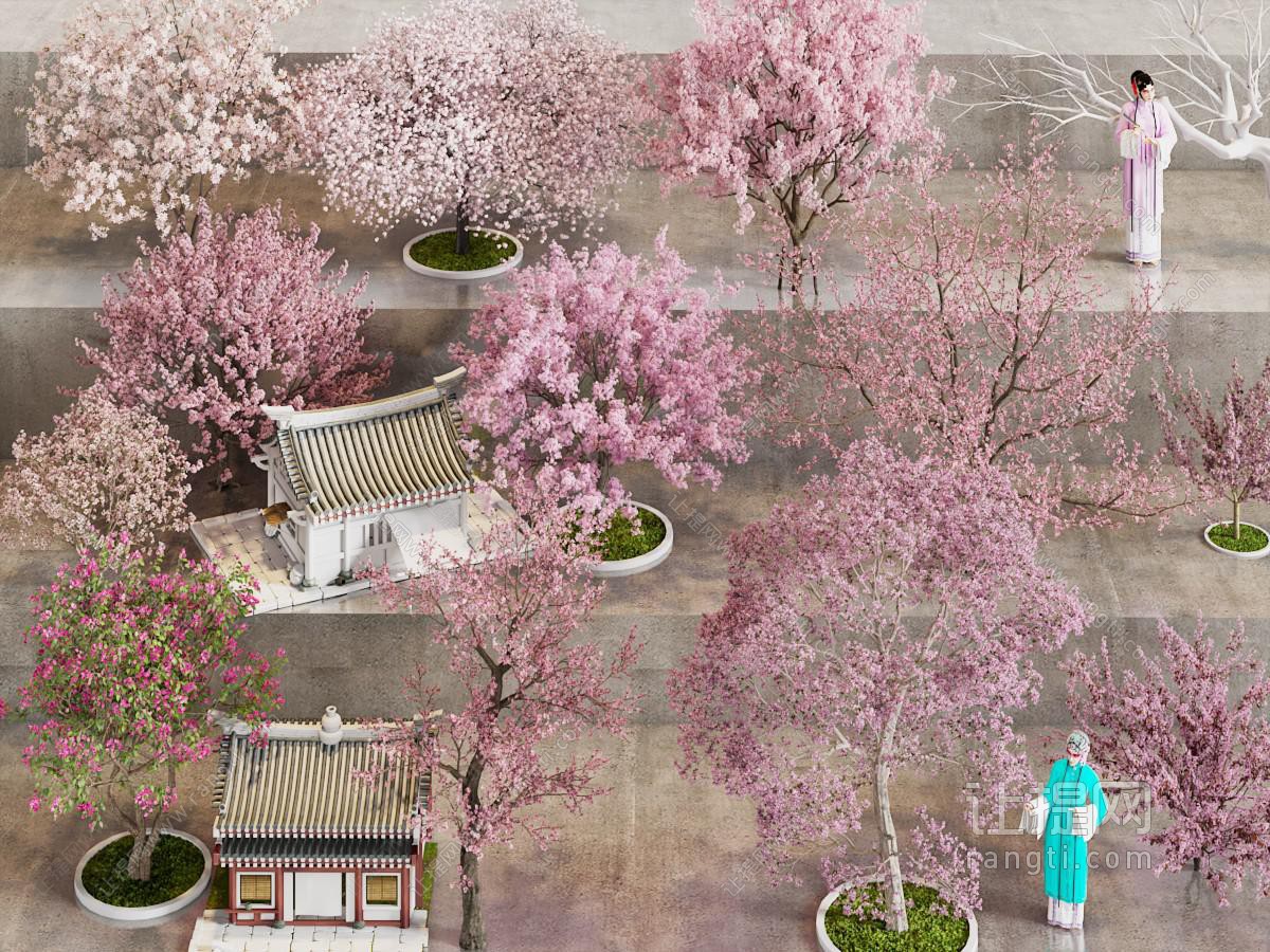 新中式桃花 樱花树 仿古建筑 戏曲人物