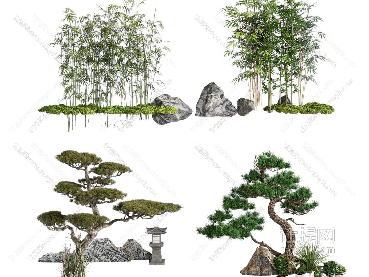 新中式竹子 松树景观园艺小品