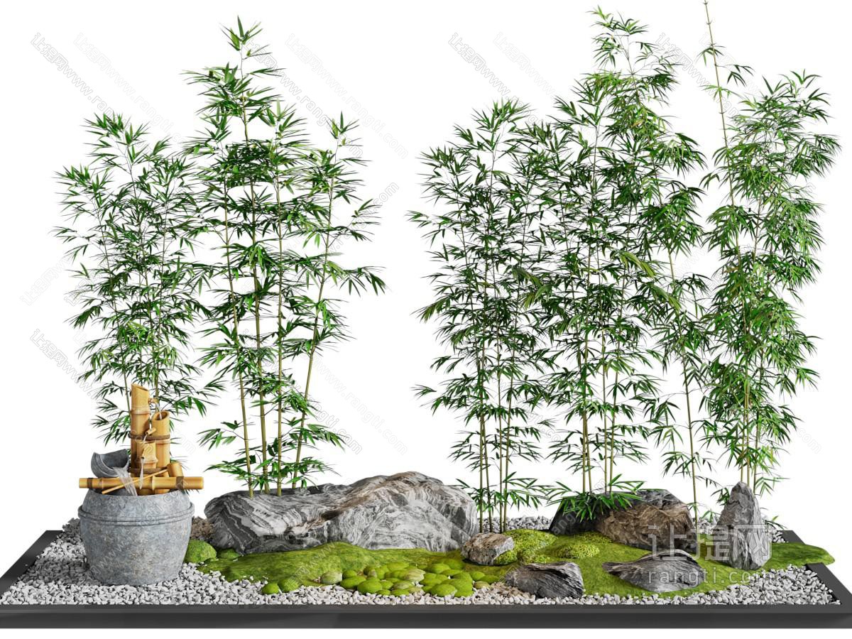 新中式竹子 水景 石头景观园艺小品