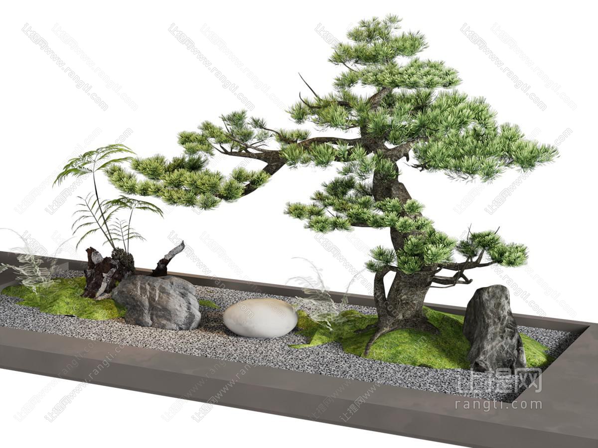 新中式花坛 松树 假山景观园艺小品