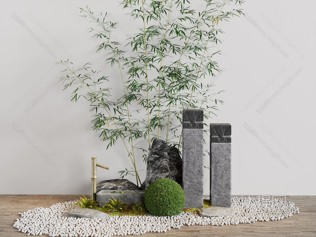 新中式竹子 水井 石子景观园艺小品
