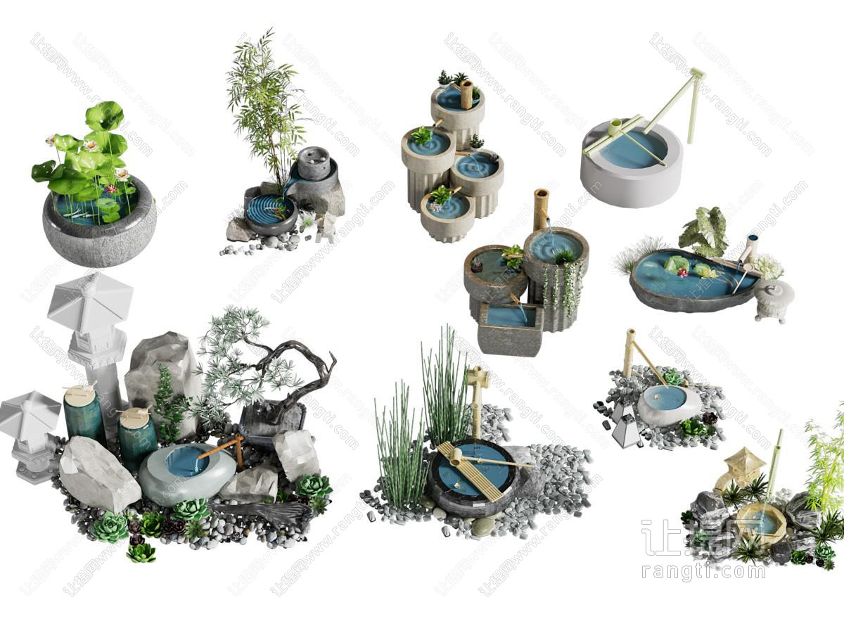 新中式水景 水井 荷花池景观园艺小品
