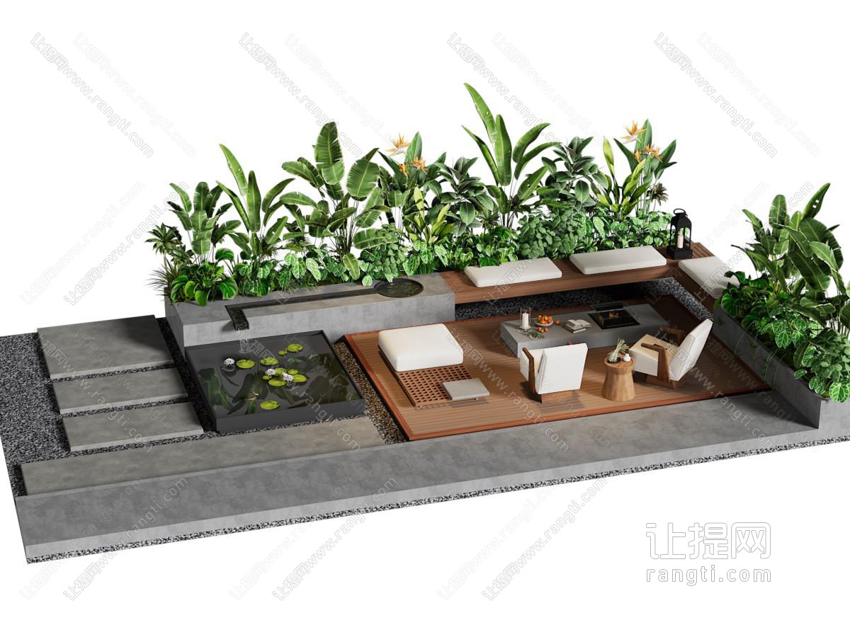 现代庭院盆栽植物 户外休闲沙发 景观卡座
