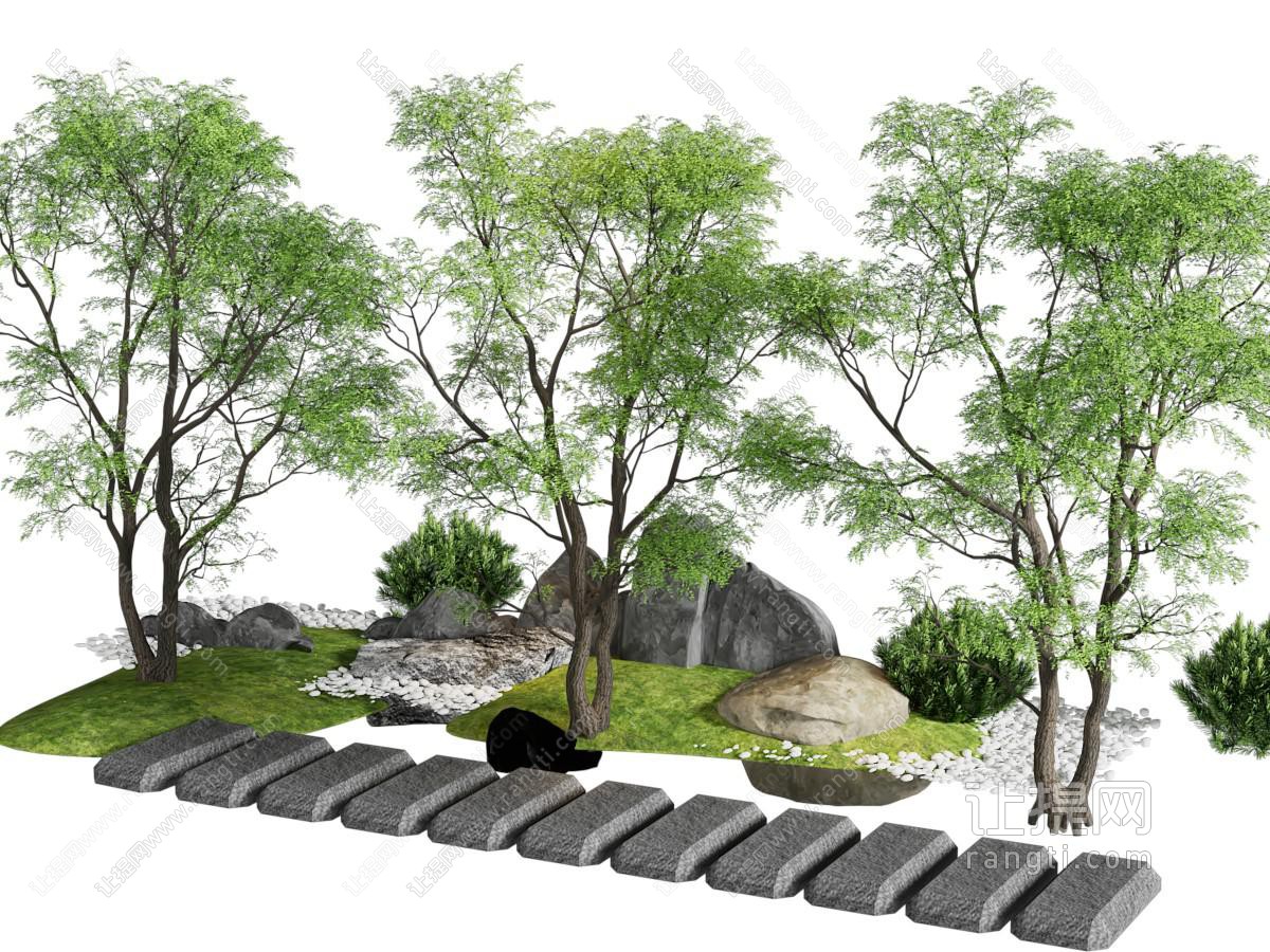 现代公园石径 树木 石头景观园艺小品