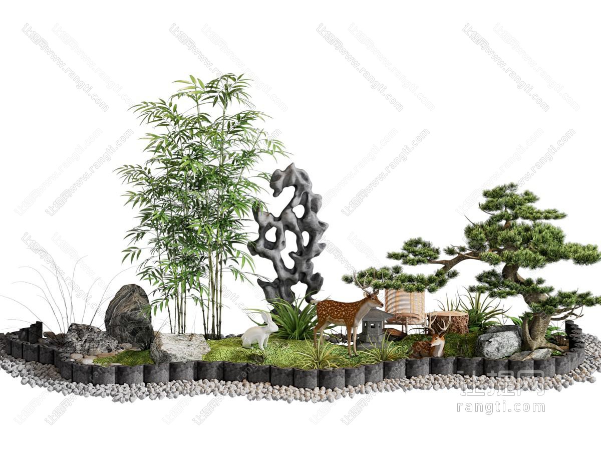 现代新中式竹子 假山 松树景观园艺小品