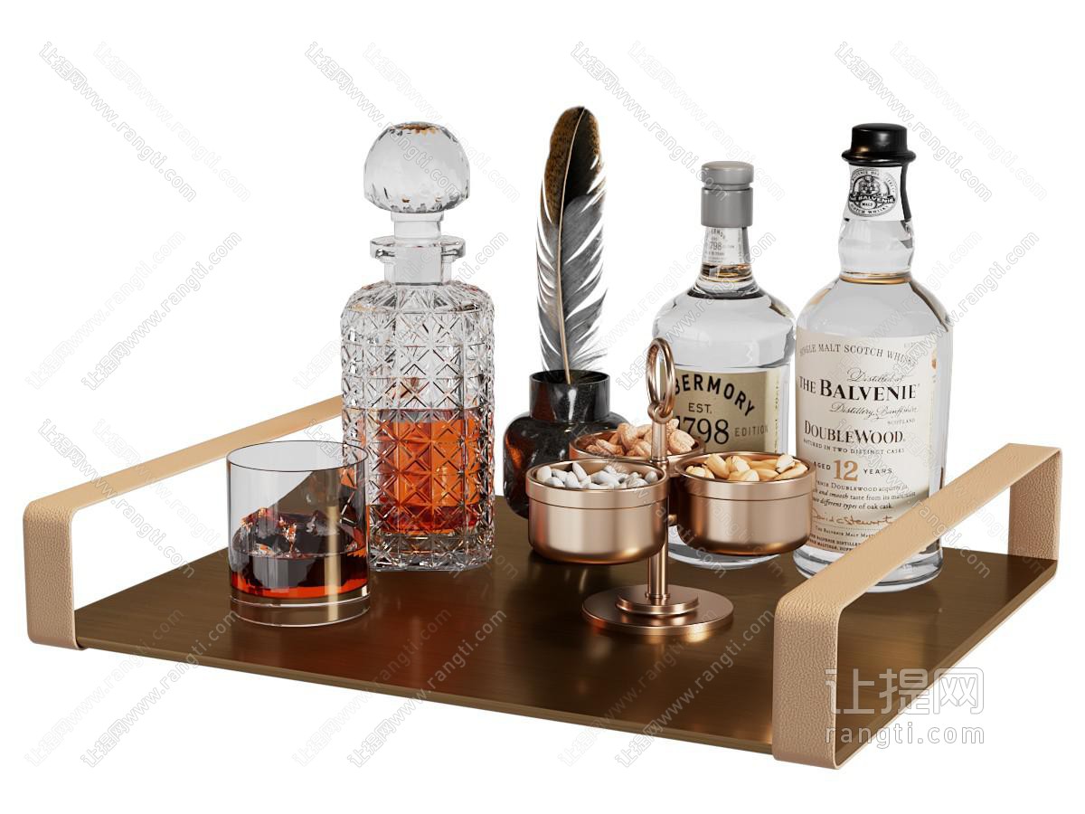 现代托盘酒瓶酒杯 摆件