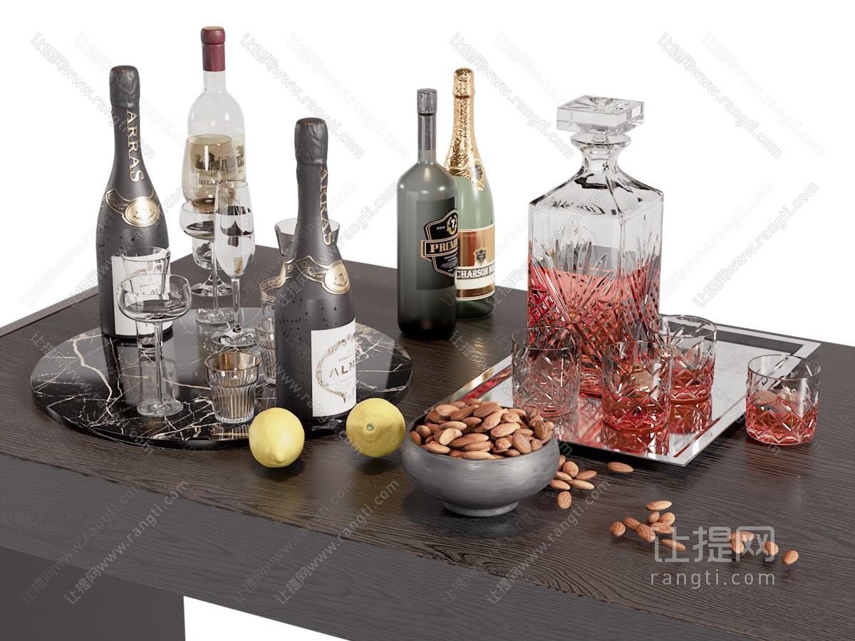 现代酒瓶酒杯 坚果 摆件组合