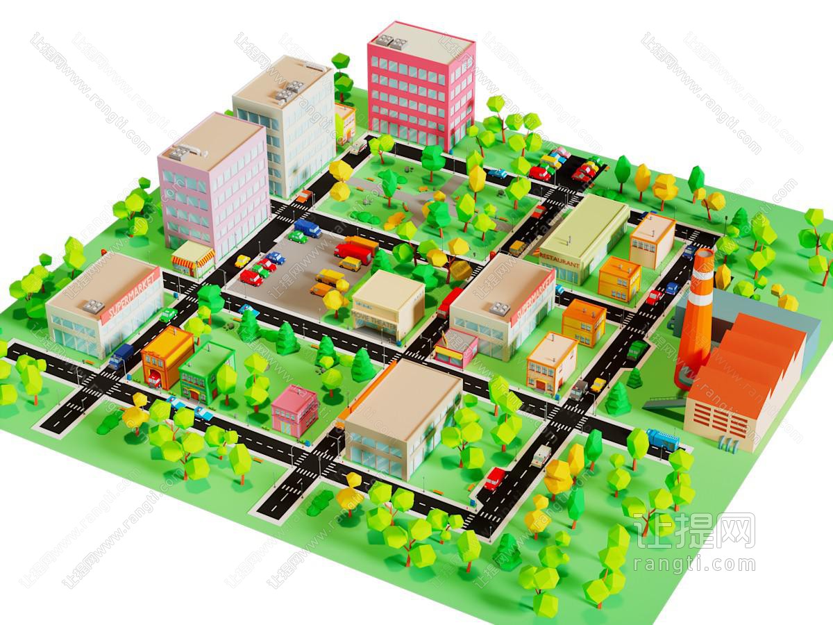 现代卡通城市场景 城市沙盘 小镇建筑