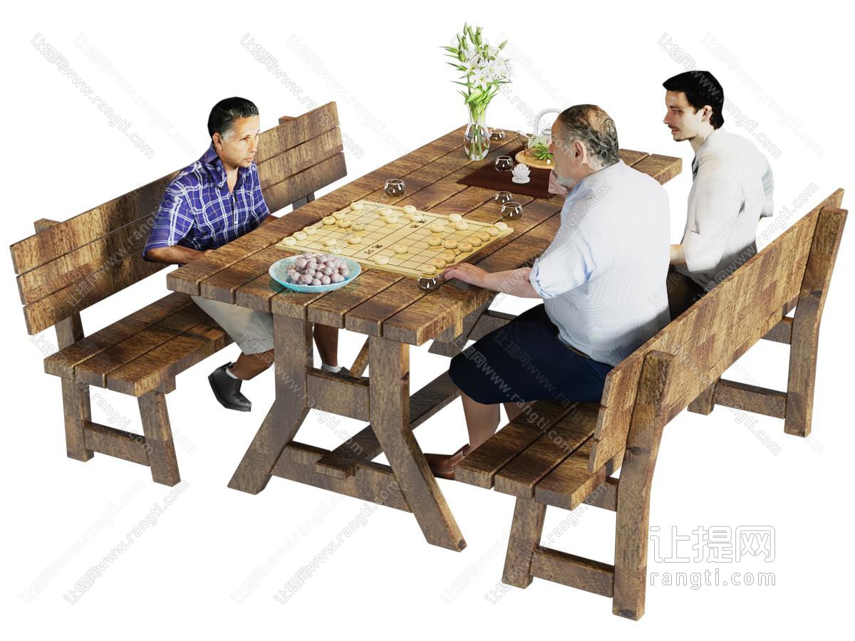 现代实木餐桌椅组合 下象棋的多人