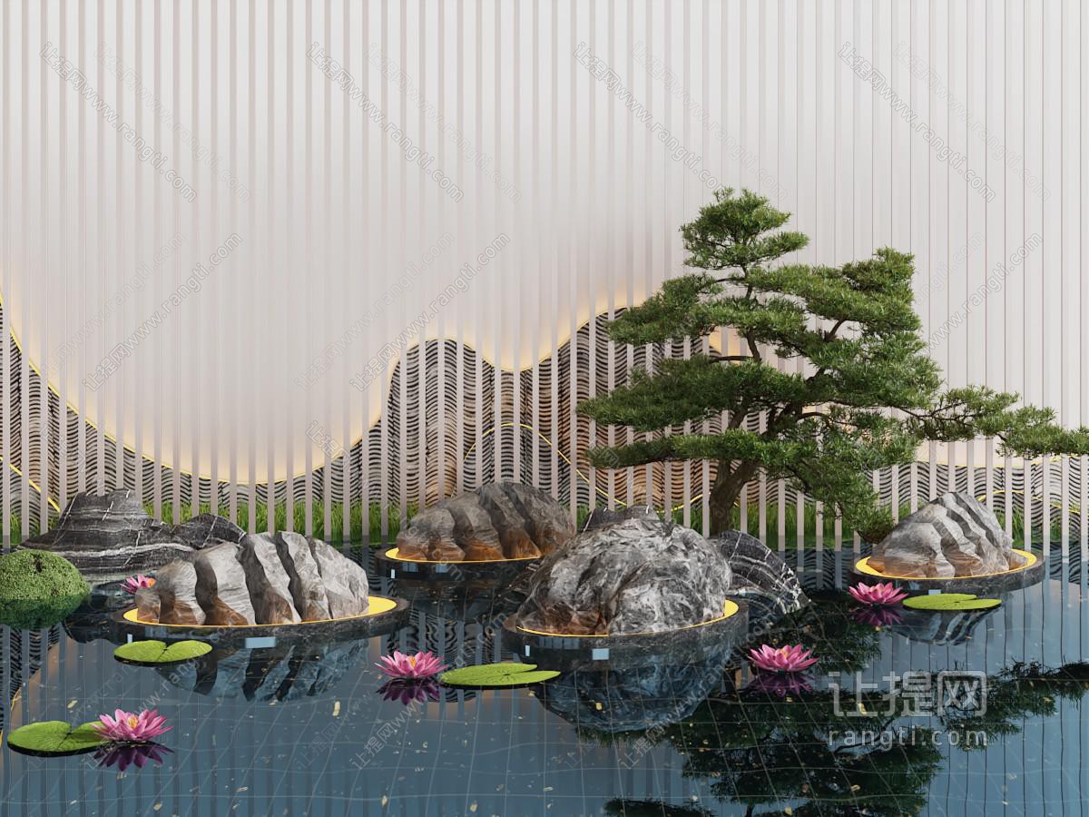新中式景观墙 松树 石头 水景园艺小品