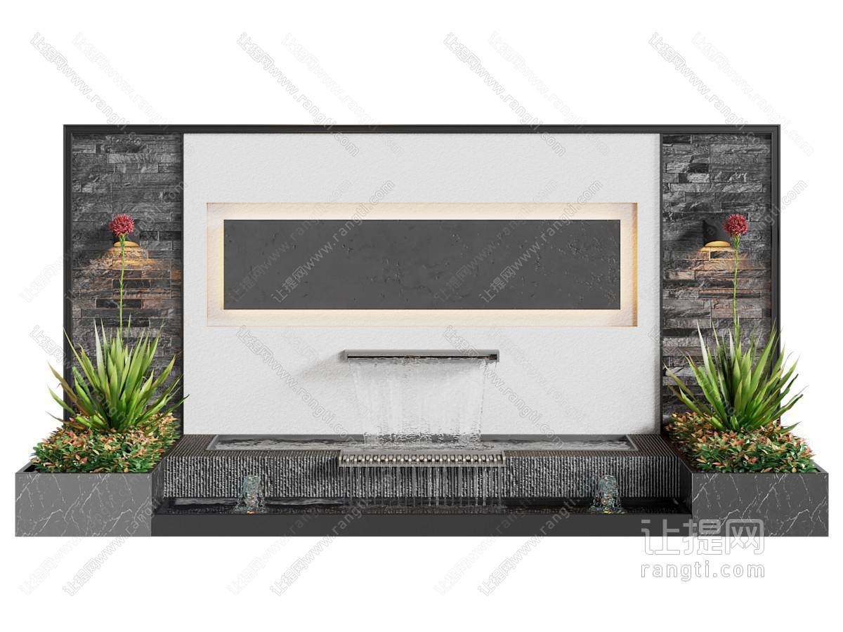 现代景观墙 瀑布 花卉 植物景观园艺小品