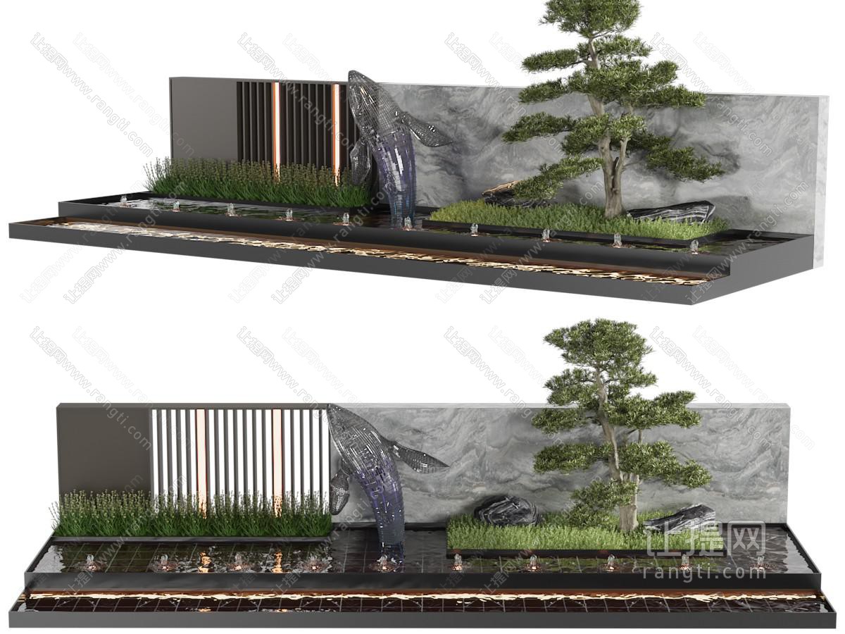 新中式景观墙 松树 海豚雕塑 水景景观园艺小品