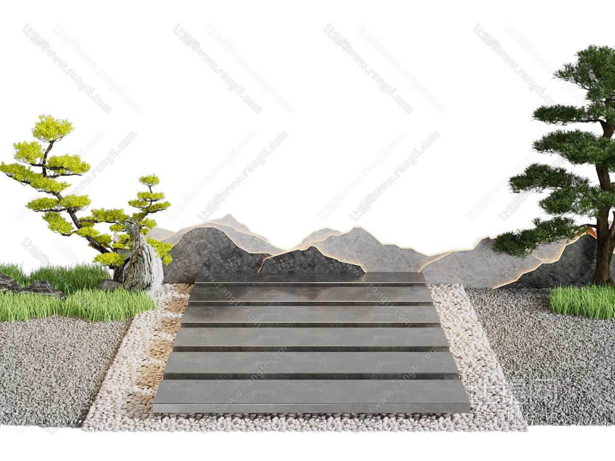 新中式松树 铺石路 山脉景观园艺小品