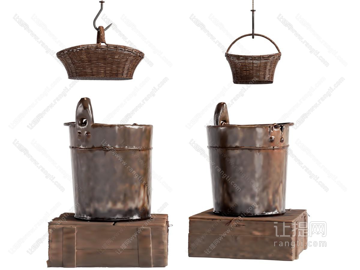 现代铁皮桶 编织篮子工艺品摆件组合