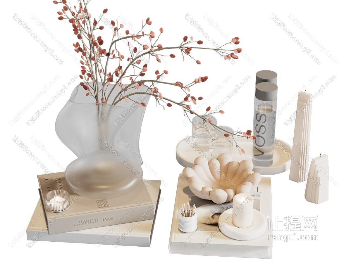现代磨砂花瓶花卉 书本 烛台 摆件组合