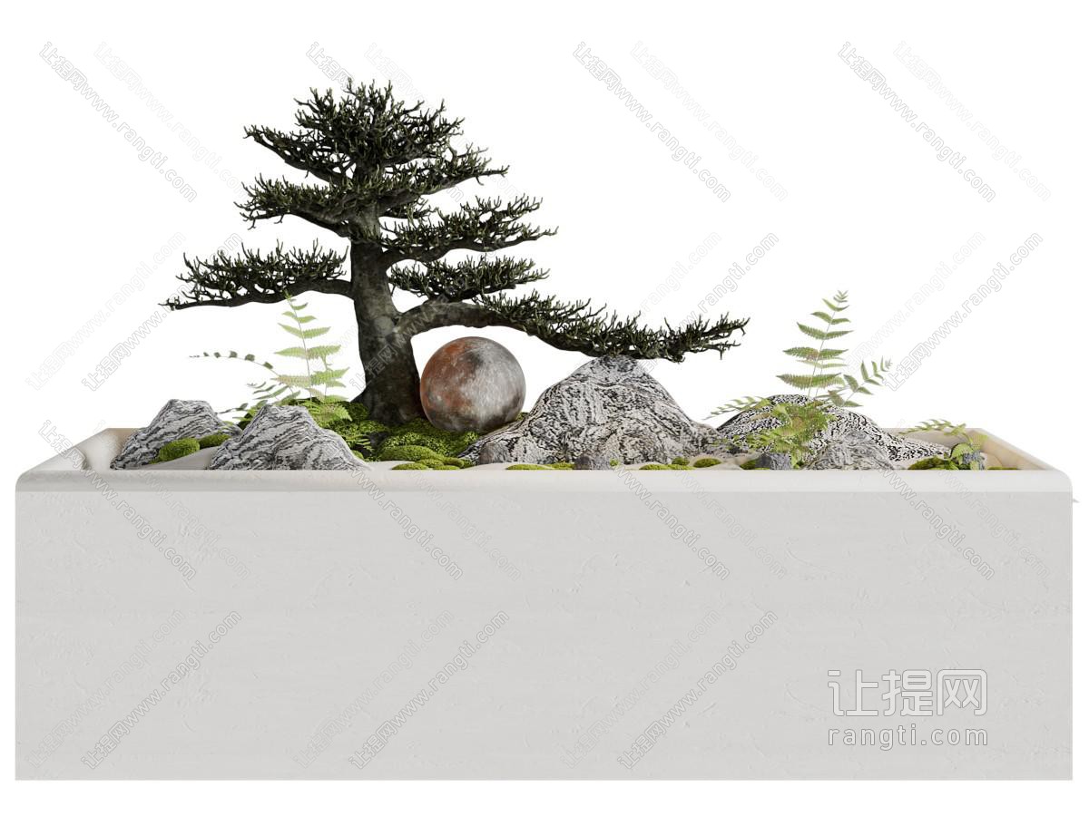 现代花坛松树 石头景观园艺小品