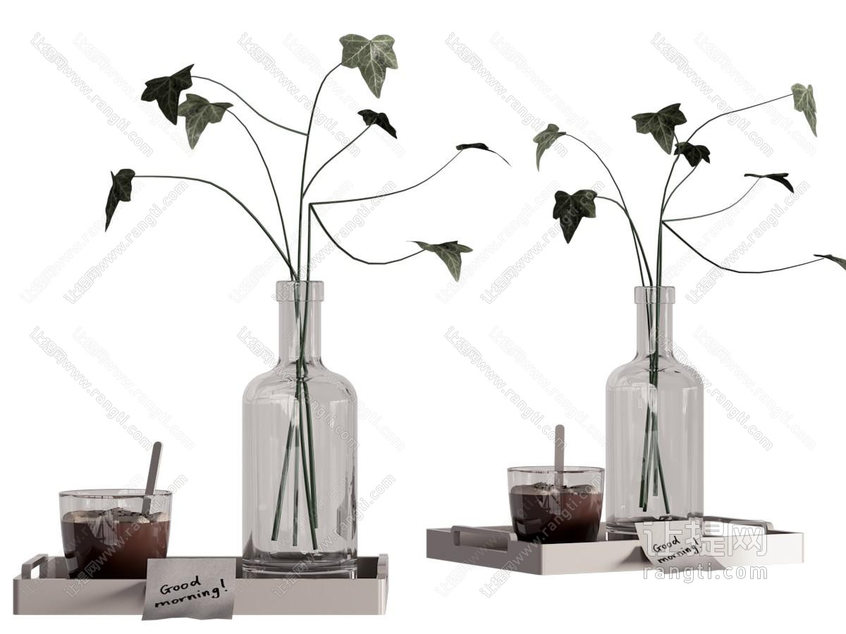 现代托盘花瓶花卉 咖啡杯摆件组合
