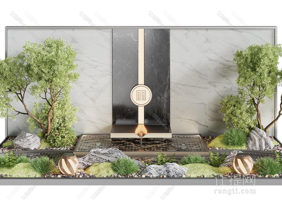 新中式庭院景观墙 水池 树木景观园艺小品