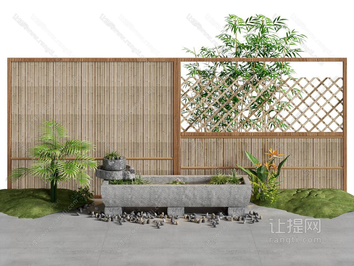 新中式竹编景墙 水池 花草景观园艺小品