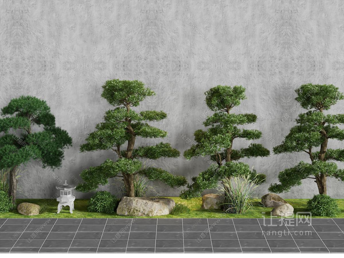 新中式松树 花草 石头景观园艺小品
