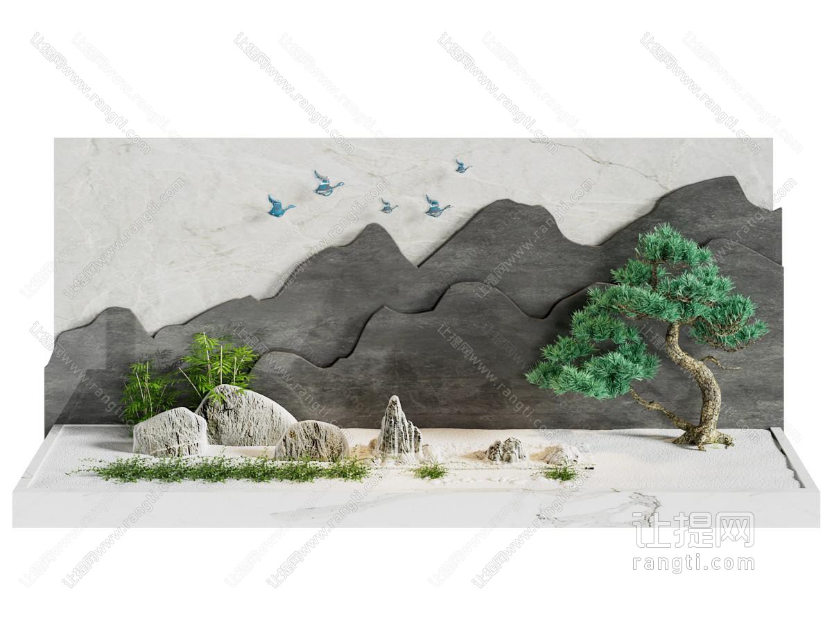 新中式山脉背景墙 松树景观园艺小品