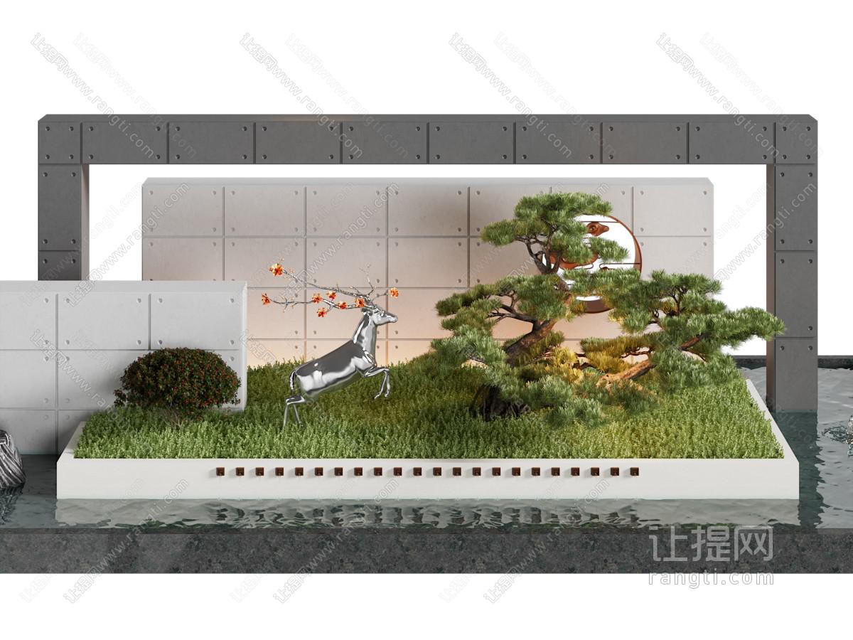 新中式景观墙 麋鹿 松树园艺小品