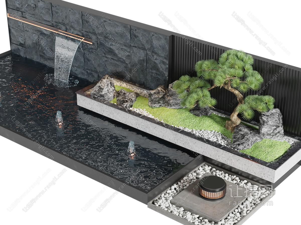 新中式水池 瀑布 松树景观园艺小品