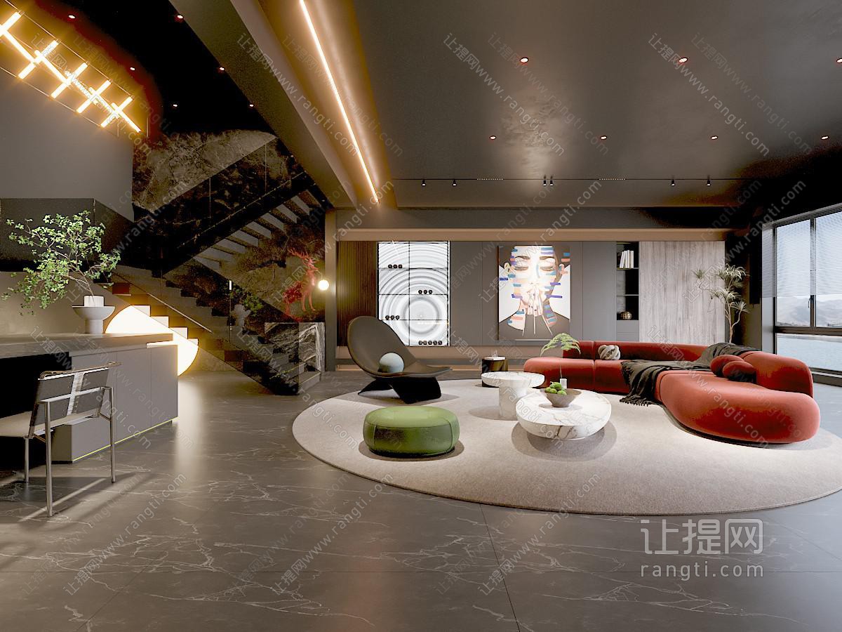现代暗黑风客厅餐厅
