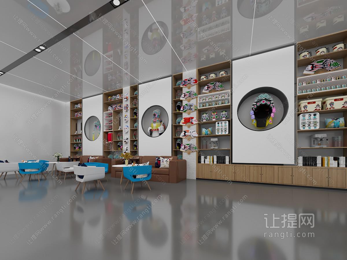 现代脸谱头饰折扇文创品展示柜 展厅展览