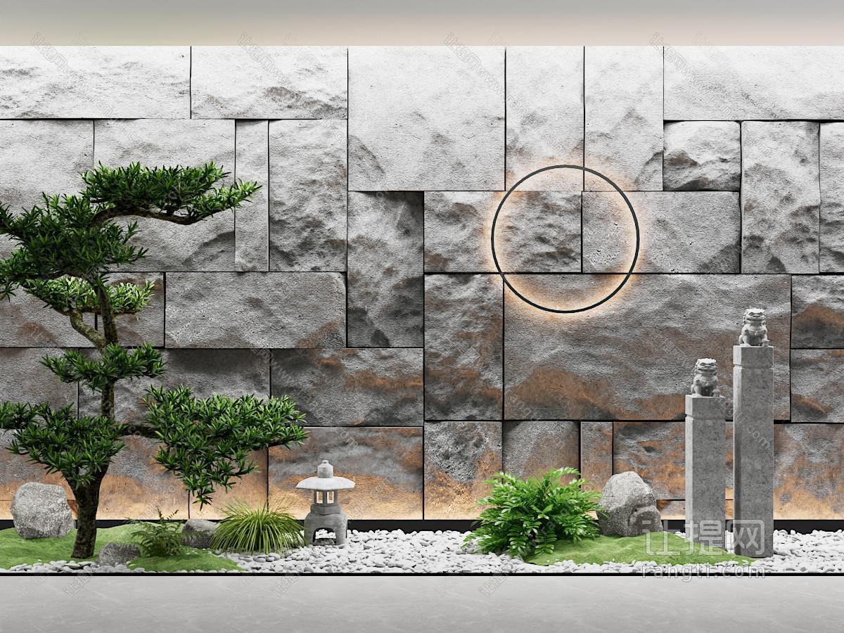 新中式室内松树 石狮子 花草景观园艺小品