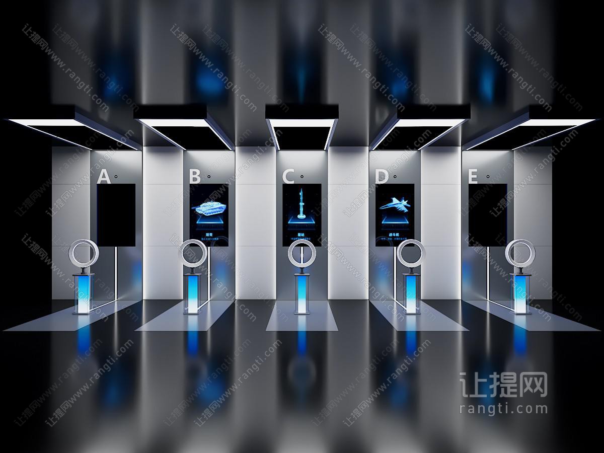 现代展厅展览 展柜 展墙 全息展示 多媒体互动屏