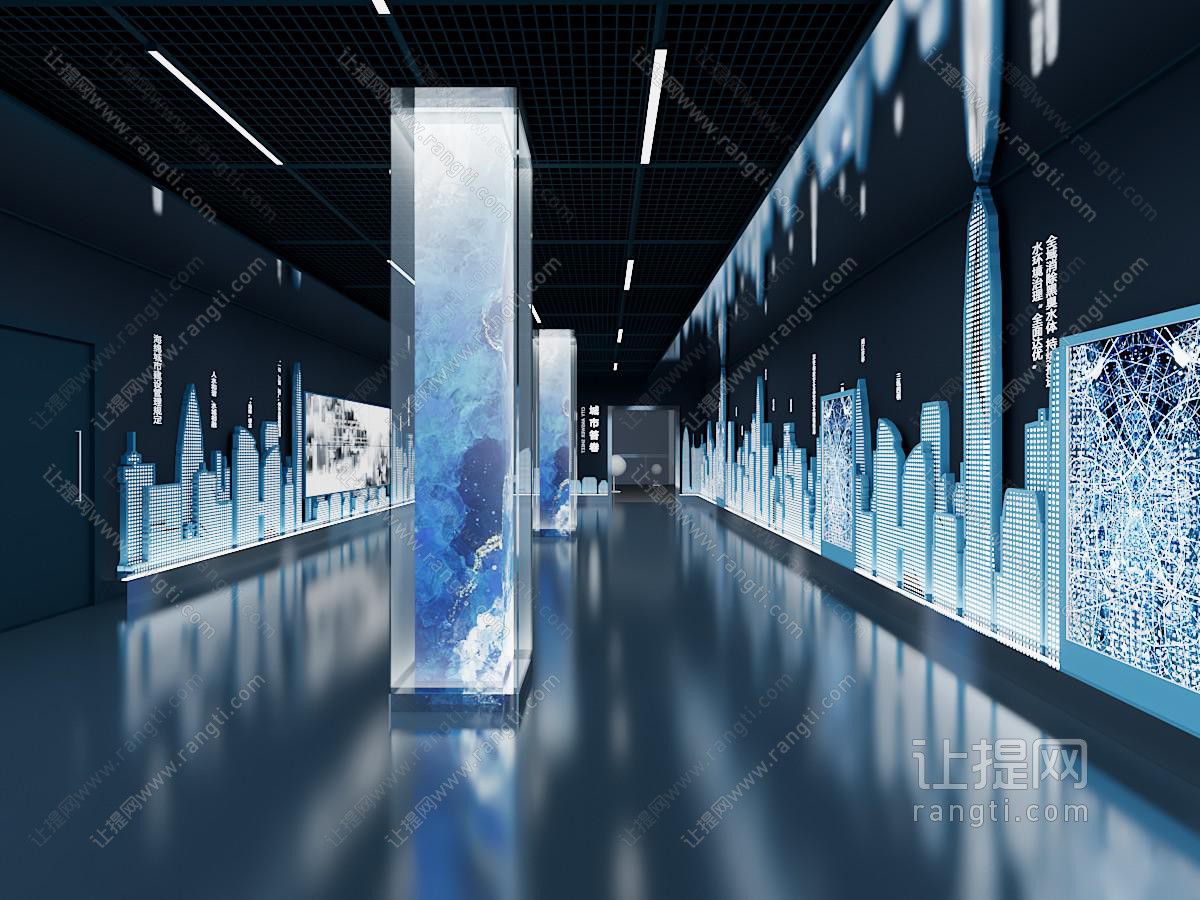 现代科技展厅展览 互动透明屏 城市天际
