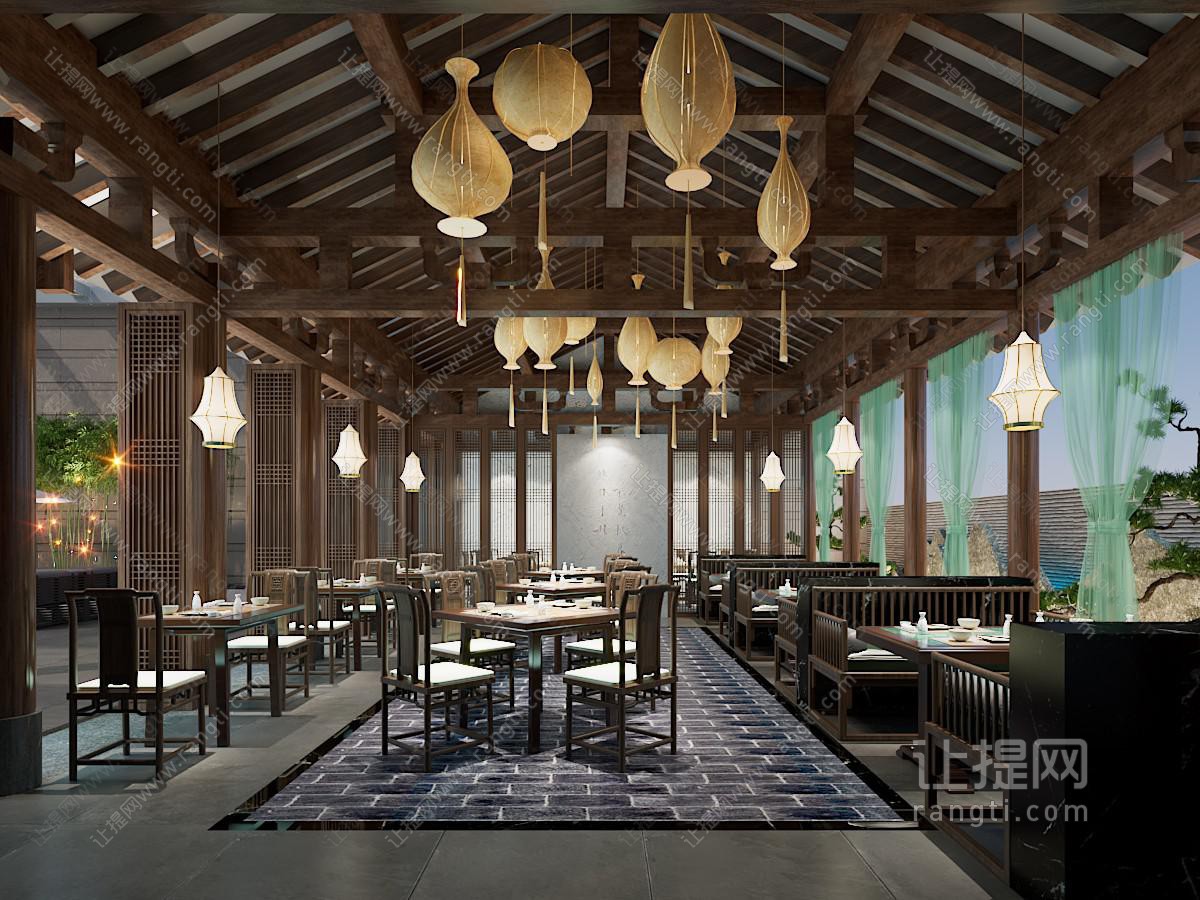新中式原木中古风饭店餐馆就餐区